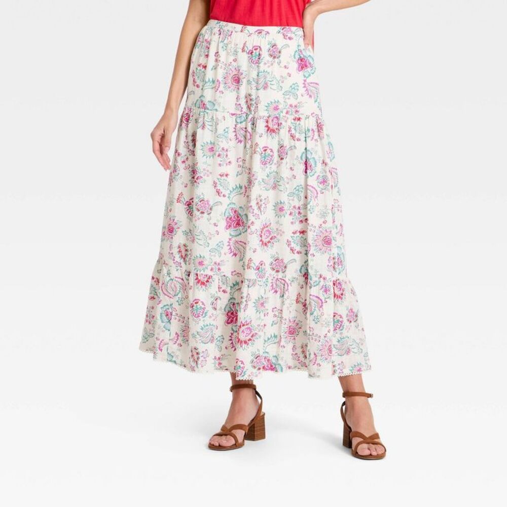 Women's Printed Maxi Tiered Full Skirt - Universal Thread Cream Plaid M - Picture 1 of 4